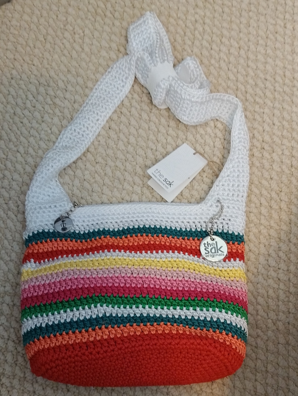 The Sak White Multicolor Crochet Stripe Shoulder Bag